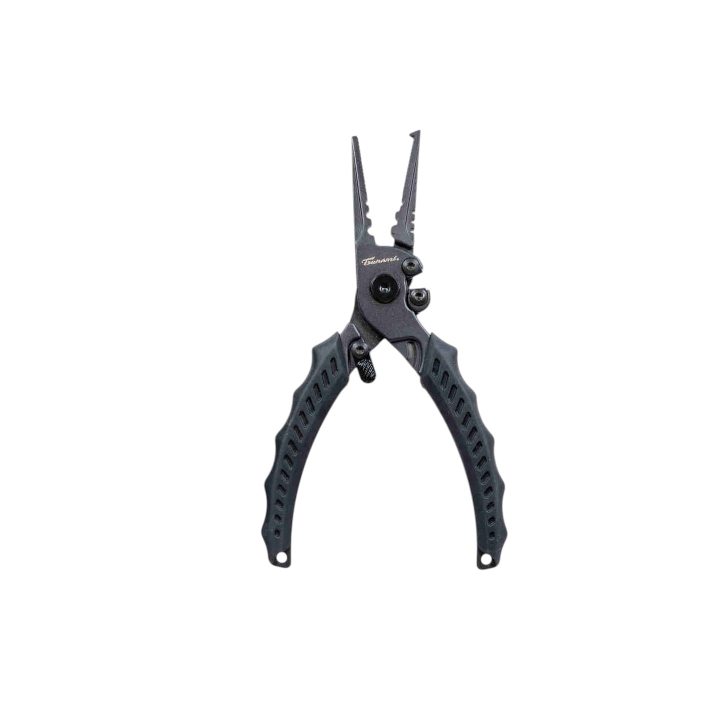 Dogfish Tackle & Marine Tsunami 6.5-inch stainless steel split ring pliers in black with ergonomic non-slip grips.