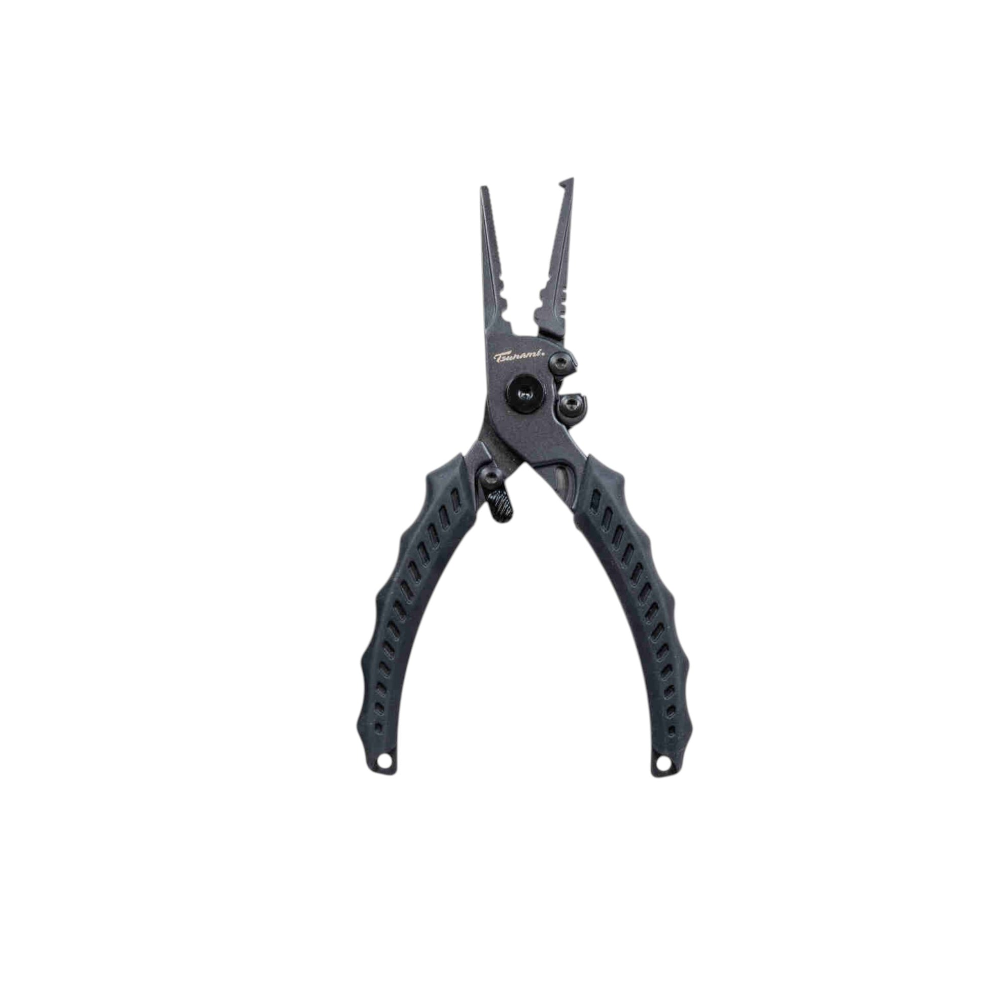 Dogfish Tackle & Marine Tsunami 6.5-inch stainless steel split ring pliers in black with ergonomic non-slip grips.