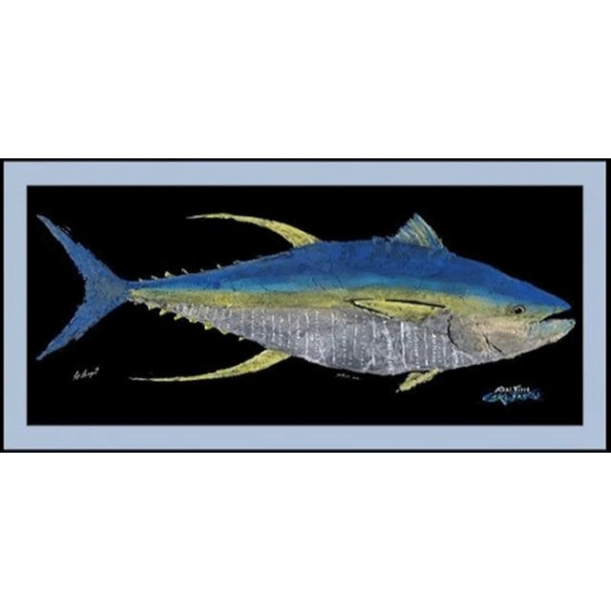 Dogfish Tackle & Marine Realfish floor mat featuring a detailed blue and yellow tuna Gyotaku fish rubbing print.