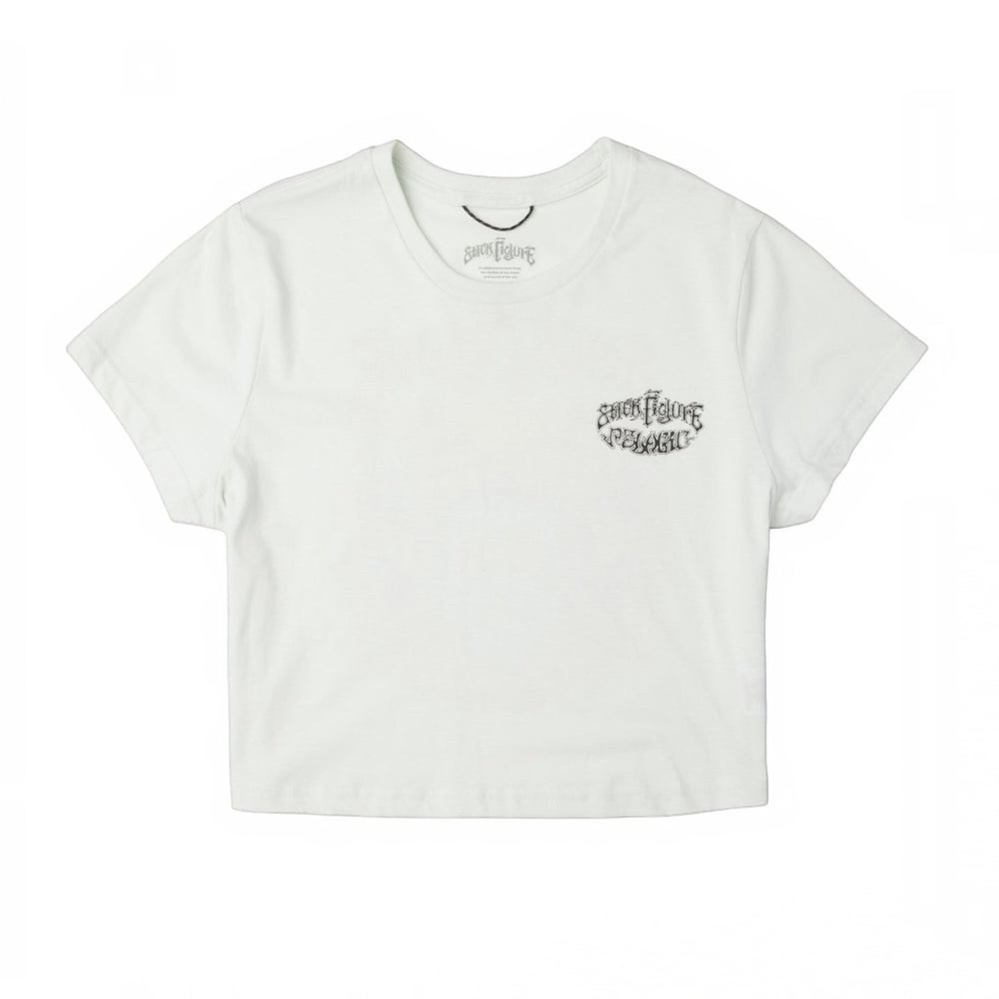 Dogfish Tackle & Marine white cotton blend cropped t-shirt with black "Stick Figure" graphic on chest.