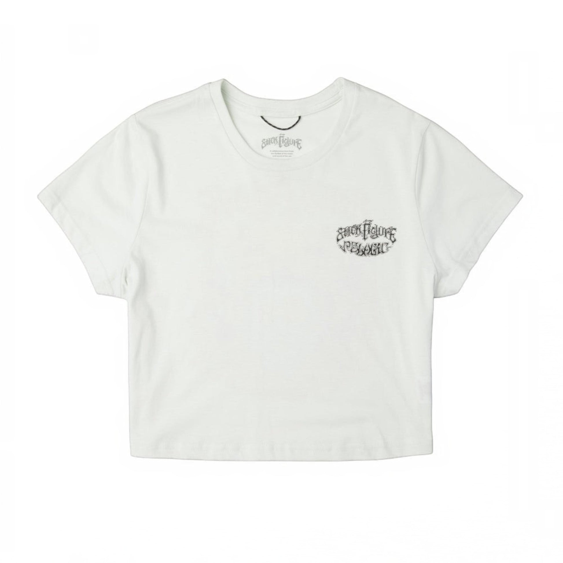 Dogfish Tackle & Marine white cotton blend cropped t-shirt with black "Stick Figure" graphic on chest.