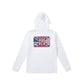 Dogfish Tackle & Marine white long sleeve hooded microfiber performance polyester shirt with Florida flag graphic on back.