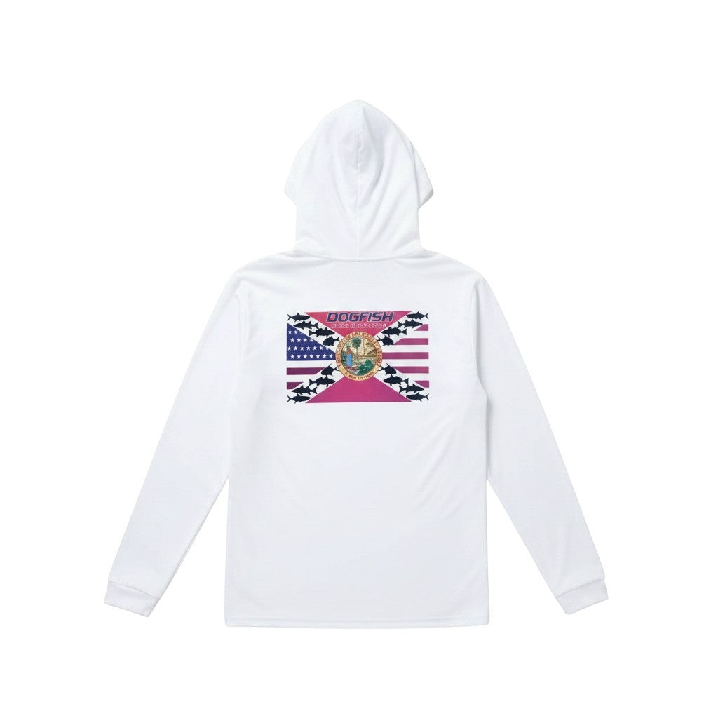 Dogfish Tackle & Marine white long sleeve hooded microfiber performance polyester shirt with Florida flag graphic on back.