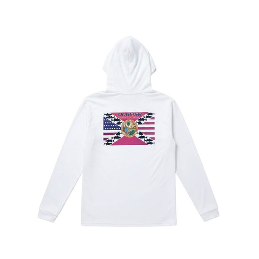 Dogfish Tackle & Marine white long sleeve hooded microfiber performance polyester shirt with Florida flag graphic on back.