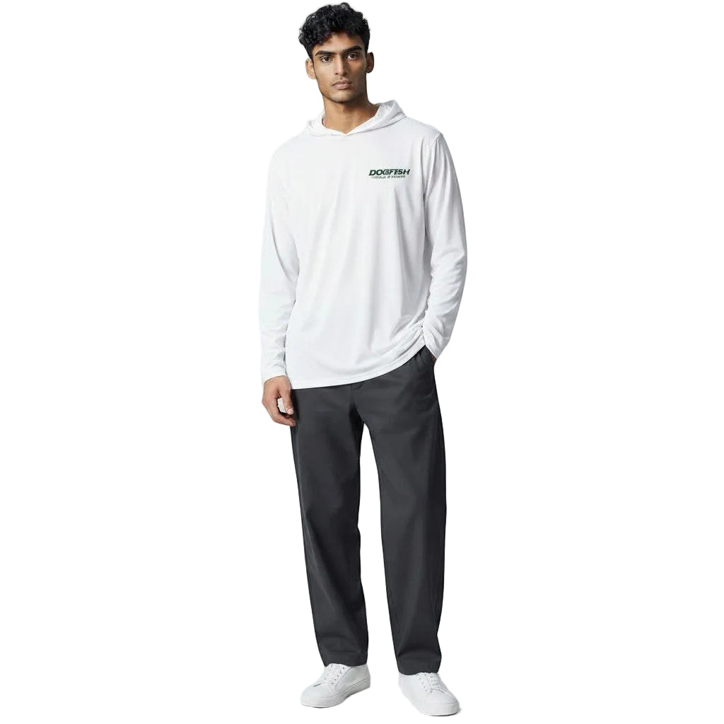 Dogfish Tackle & Marine white long sleeve hooded performance polyester shirt with green logo