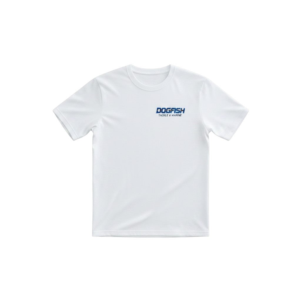 Dogfish Tackle & Marine white short sleeve crew neck t-shirt with blue logo on chest. Made of poly cotton jersey.