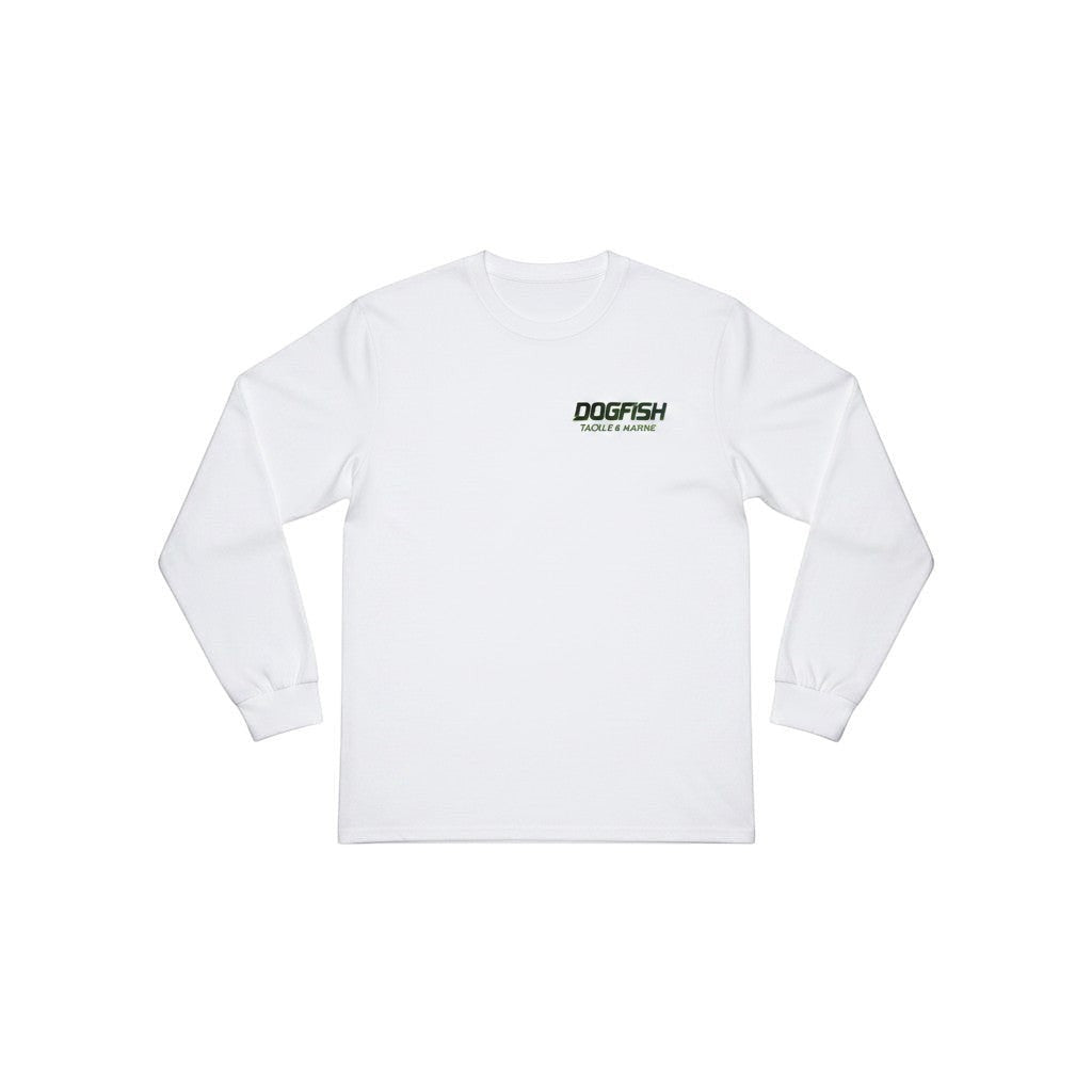 Dogfish Tackle & Marine white long sleeve microfiber performance polyester shirt with moisture management and UPF 50+ protection.