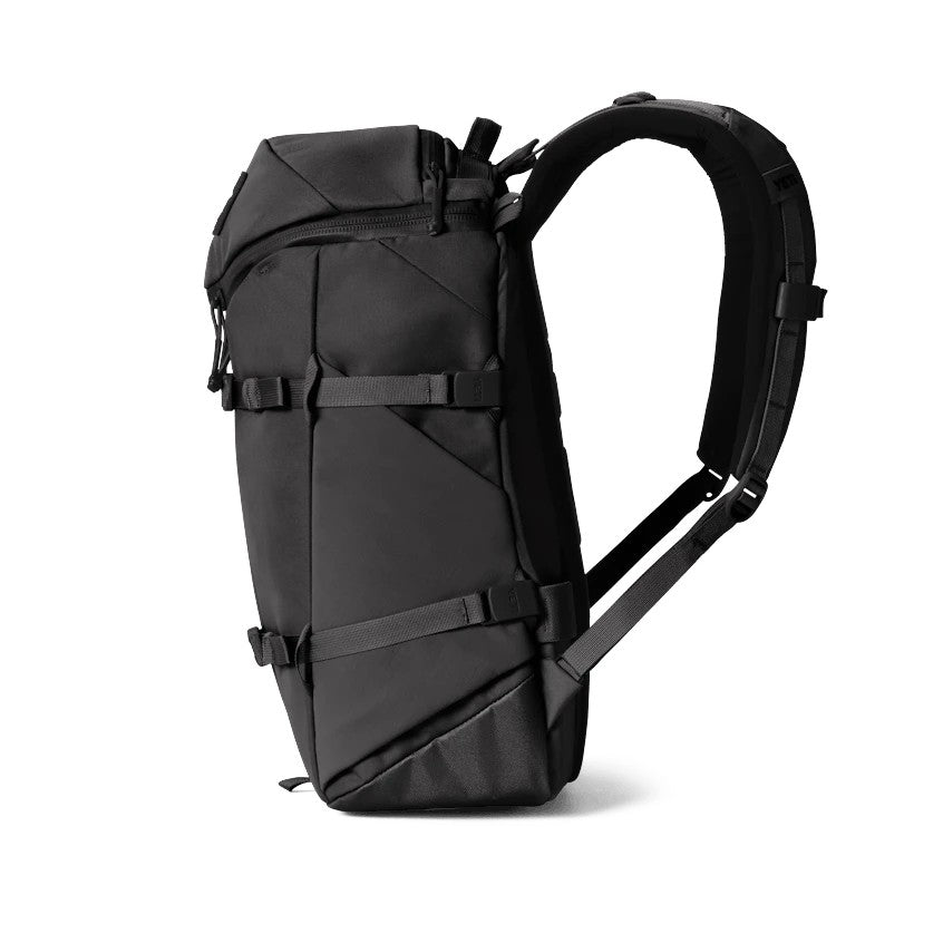 Dogfish Tackle & Marine Yeti Ranchero 22L black everyday backpack with durable TuffSkin nylon and side profile view