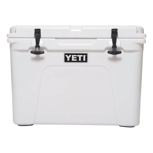 Dogfish Tackle & Marine white Yeti Tundra 50 hard cooler with durable rubber T-Rex lid latches and rotomolded design.