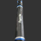 Close-up of a black and blue Dogfish Stik fishing rod with black metal guides, resting on a dark wood surface.