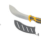 Knife with textured handle and sheath on a white background