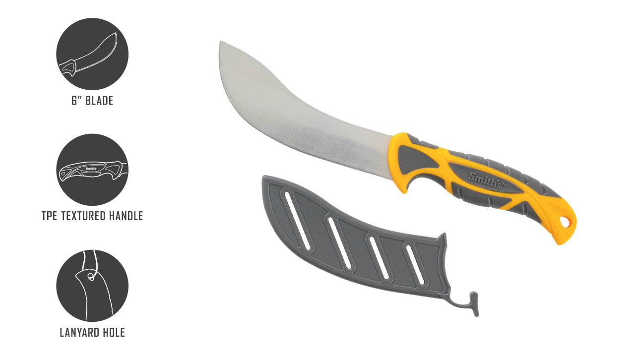 Knife with textured handle and sheath on a white background