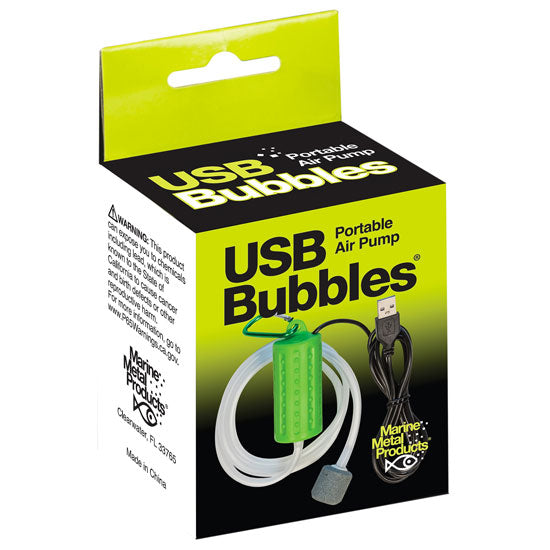 USB Bubbles portable air pump packaging with green and black design