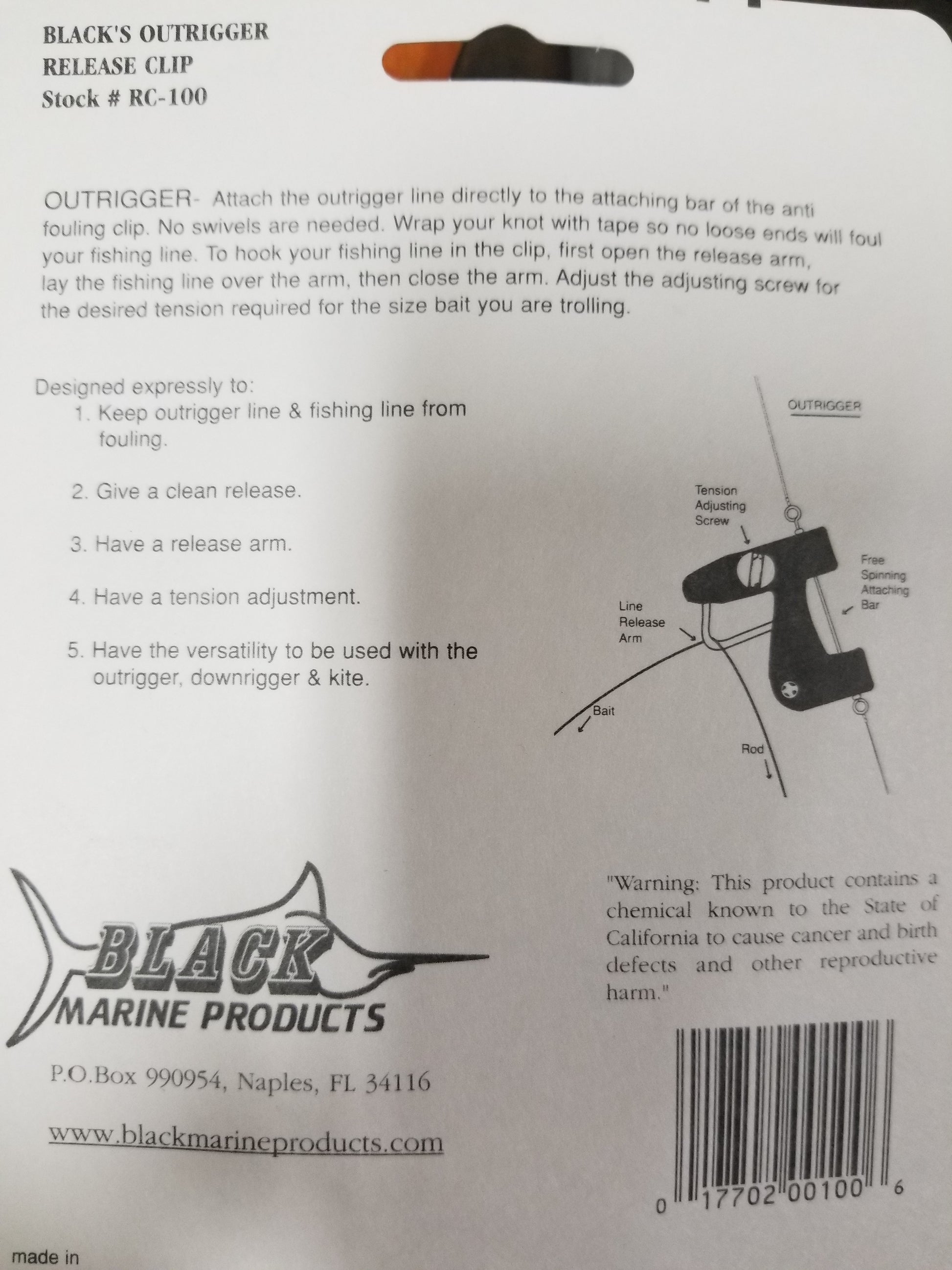 Blacks Original Outrigger Release Clip RC-100 - Dogfish Tackle & Marine